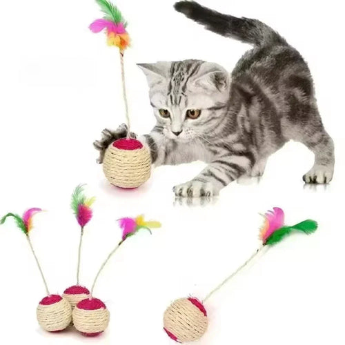 1PC Pet Cat Toy Colorful Feather Blanket Ball Grinding Claw Interactive Play Ball Cat Toy Sisal Shuttlecock Ball